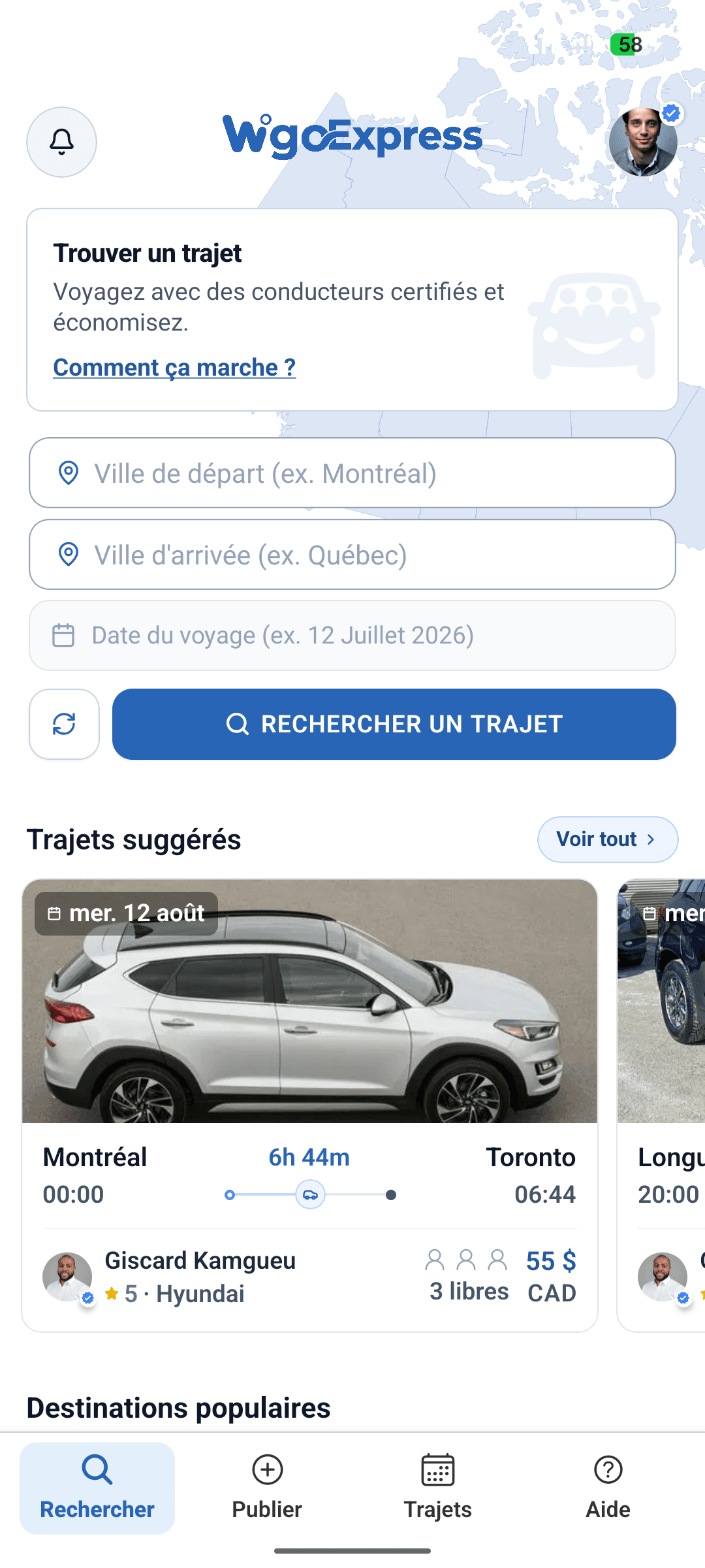 Wigo Express - Application Mobile de covoiturage complète pour le marché canadien screen 3